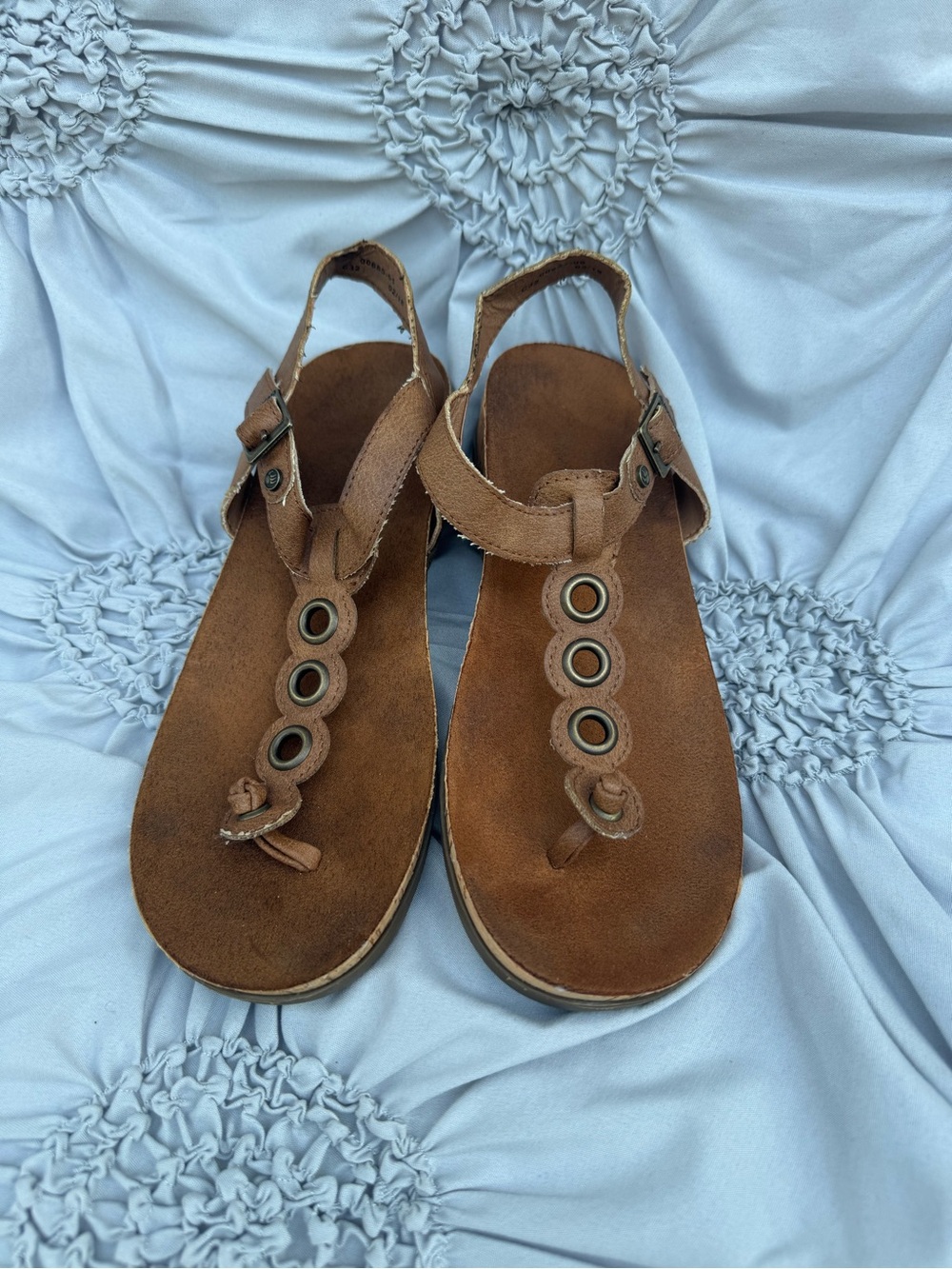 BearPaw Brown Suede T-Strap Sandals with Metal Ring Accents